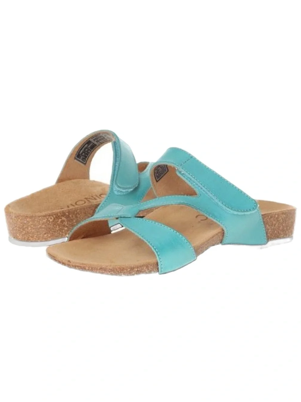 Vionic Teal Leather Pamplona Slide Sandals Cork Orthaheel Footbed Rubber Tread🩵